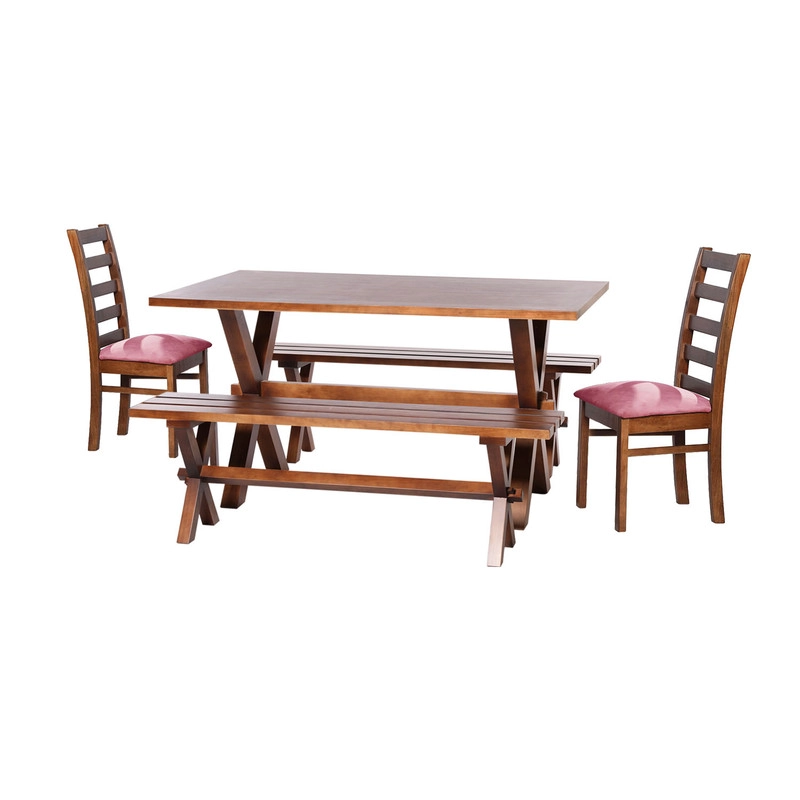 JUEGO DE COMEDOR SEVILLA 2 SILLAS BURGOS + 2 BANCAS TELA VELVET PALO ROSA - 1