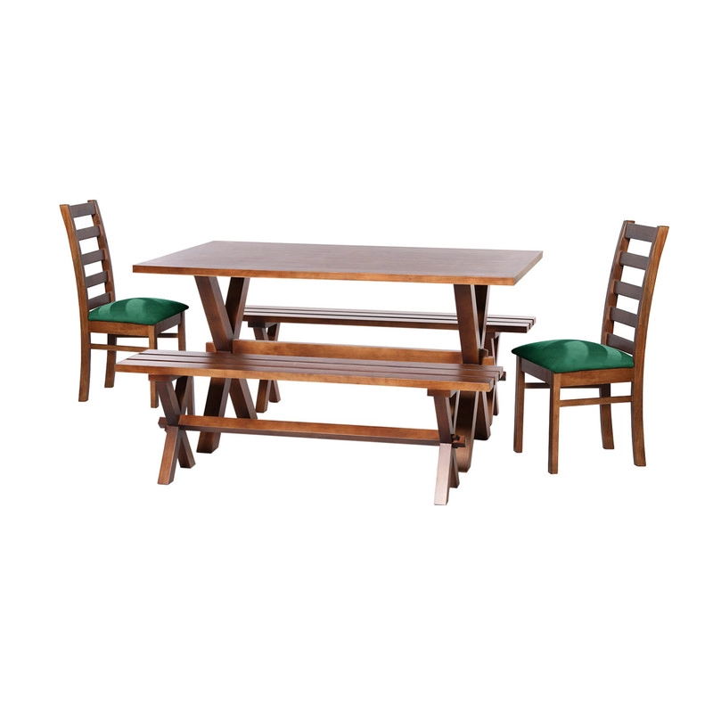 JUEGO DE COMEDOR SEVILLA 2 SILLAS BURGOS + 2 BANCAS TELA VELVET VERDE - 1
