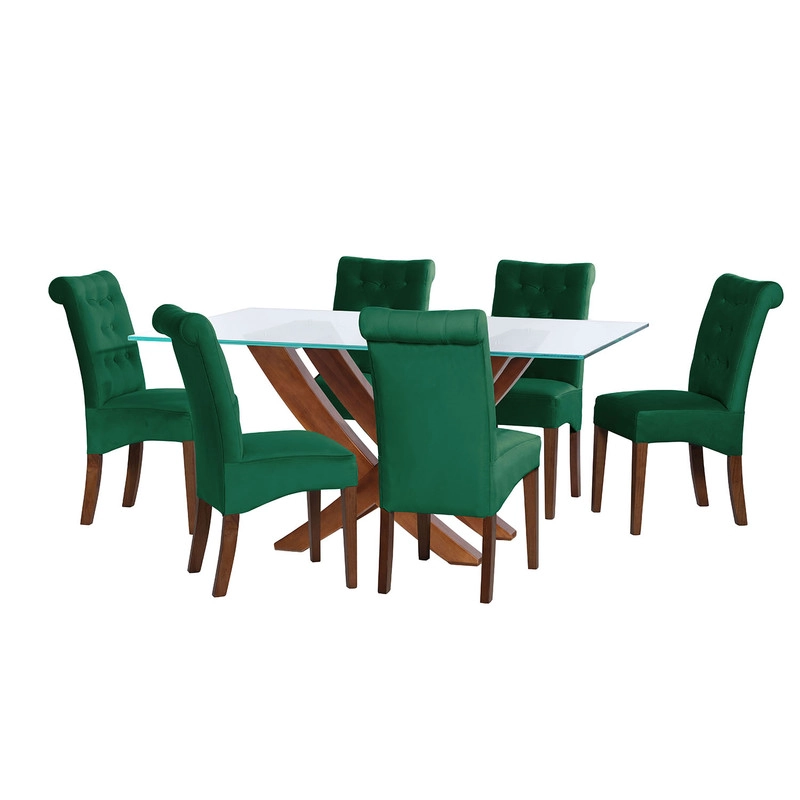 JUEGO DE COMEDOR ALICANTE 6 SILLAS OVIEDO TELA VELVET VERDE - 1