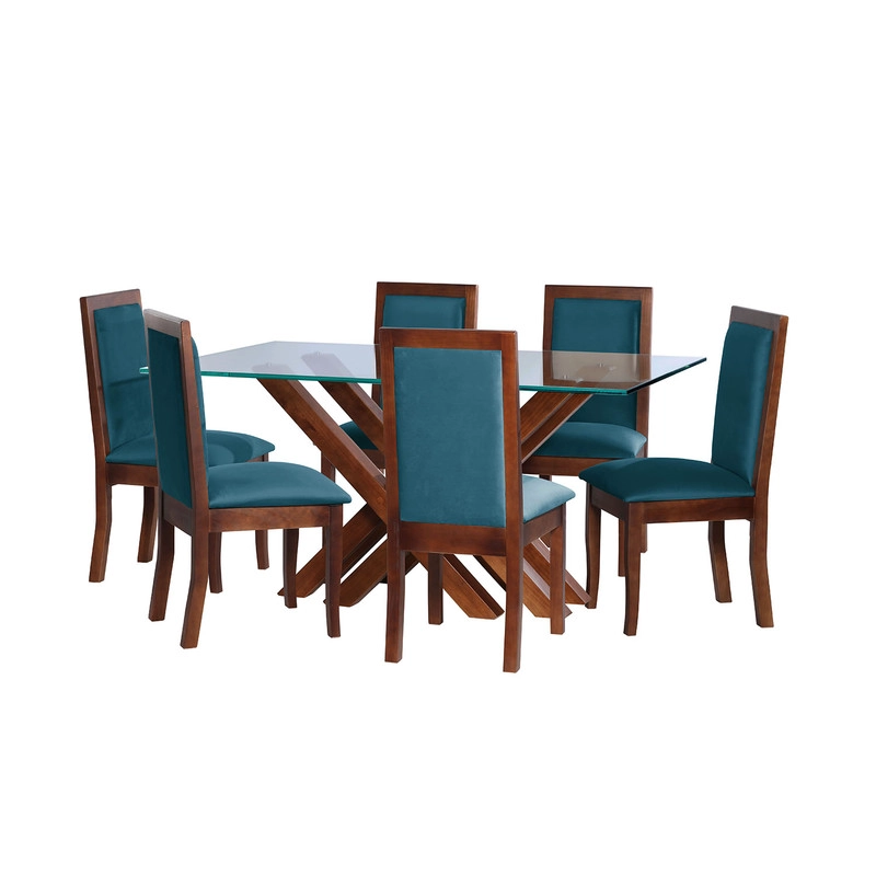 JUEGO DE COMEDOR MERIDA 6 SILLAS GIRONA TELA VELVET AZUL PETROLEO - 1