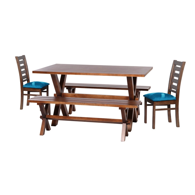 JUEGO DE COMEDOR SEVILLA 2 SILLAS MURCIA + 2 BANCAS TELA VELVET AZUL PETROLEO - 1