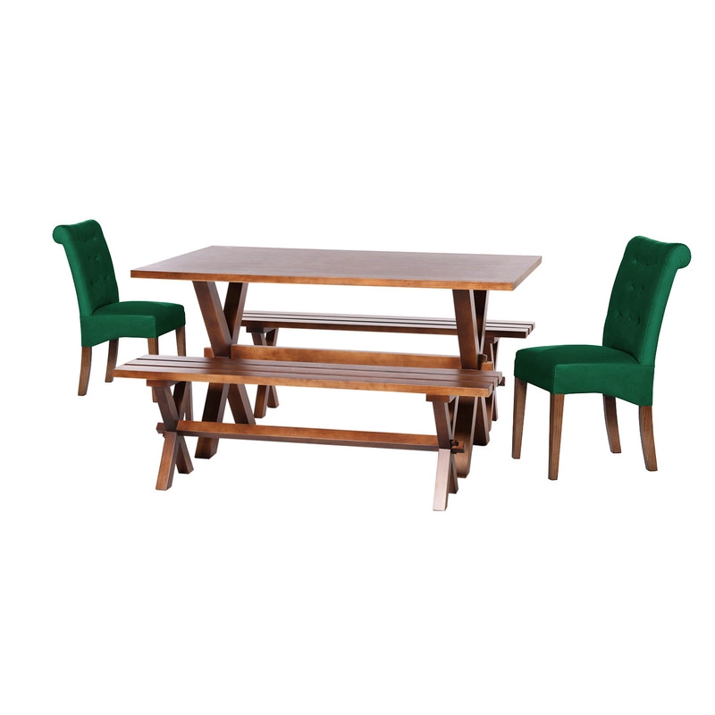 JUEGO DE COMEDOR SEVILLA 2 SILLAS OVIEDO + 2 BANCAS TELA VELVET VERDE - 1