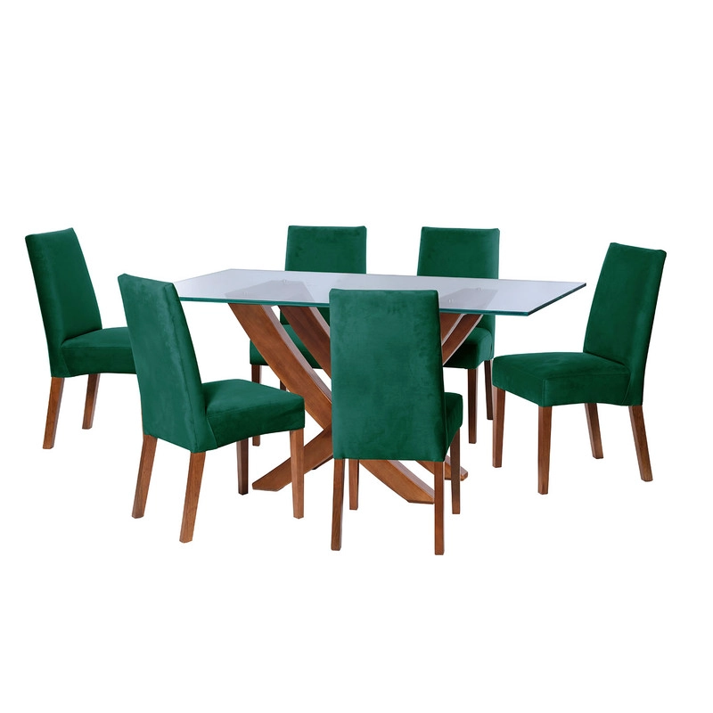 JUEGO DE COMEDOR ALICANTE 6 SILLAS CADIZ TELA VELVET VERDE - 1