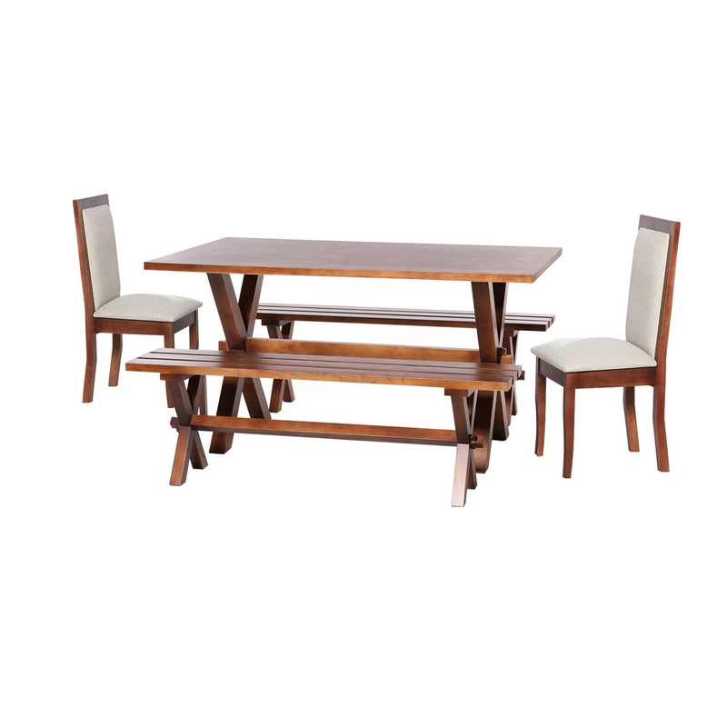 JUEGO DE COMEDOR SEVILLA 2 SILLAS GIRONA + 2 BANCAS TELA LINO BLANCO - 1