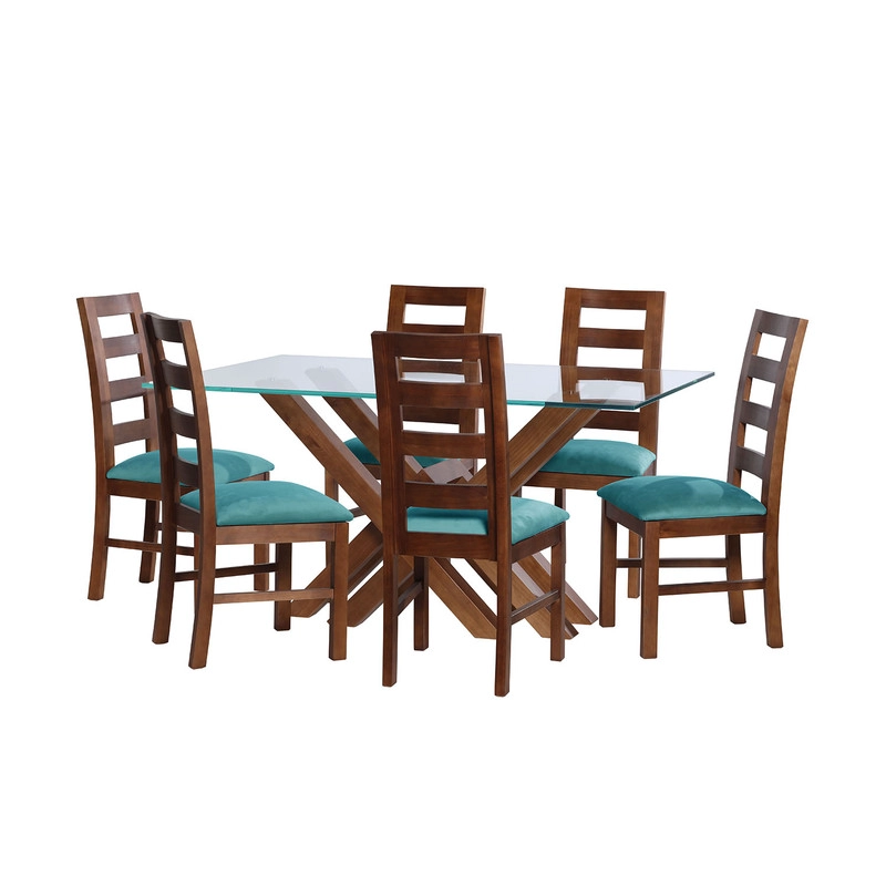 JUEGO DE COMEDOR MERIDA 6 SILLAS GRANADA  TELA VELVET TURQUESA - 1