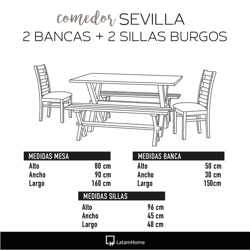 JUEGO DE COMEDOR SEVILLA 2 SILLAS BURGOS + 2 BANCAS CUERO KENTUCKY BEIGE - 6