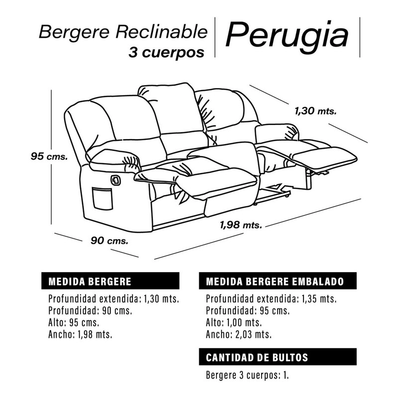 BERGERE PERUGIA RECLINABLE 3 CUERPOS TELA VELVET - 5