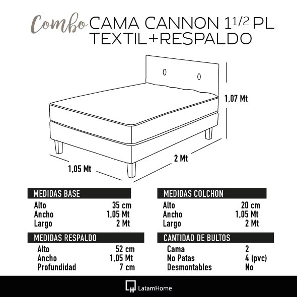 COMBO CAMA CANNON 1.5 PLAZA TEXTIL + RESPALDO TELA - 8