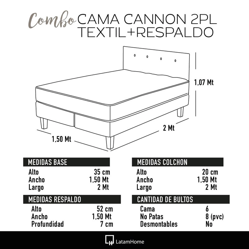COMBO CAMA CANNON 2 PLAZAS+2 ALMOHADAS+SABANAS+RESPALDO TELA - 5