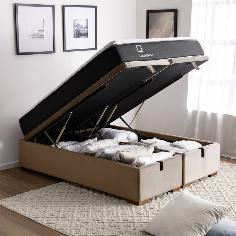 CAMA FUNCIONAL BOXET 2 PLAZAS BASE DIVIDIDA COLCHON RESORTES NEW TOP FUNDA LAVABLE BEIGE - 1