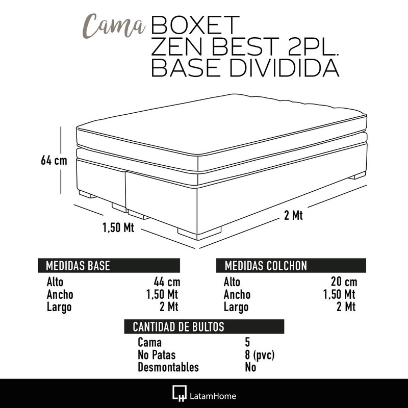 CAMA FUNCIONAL BOXET 2 PLAZAS BASE DIVIDIDA COLCHON RESORTES NEW TOP FUNDA LAVABLE BEIGE - 6