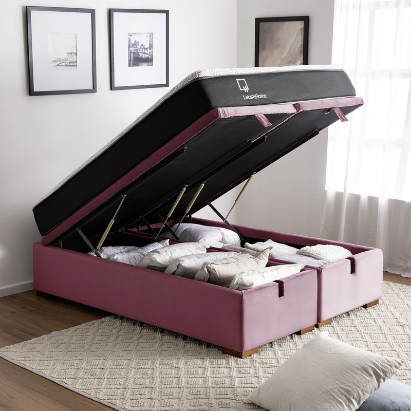 CAMA FUNCIONAL BOXET 2 PLAZAS BASE DIVIDIDA COLCHON RESORTES NEW TOP FUNDA LAVABLE PALO ROSA - 1
