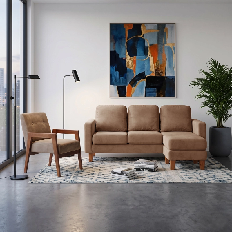 JUEGO DE LIVING 3-1 SECCIONAL INTERCAMBIABLE VENECIA TELA VELVET BEIGE + SITIAL MUNICH TELA BEIGE - 1