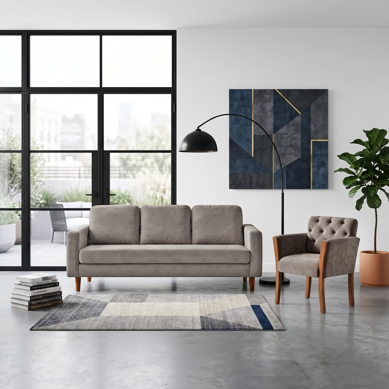 JUEGO DE LIVING 3-1 SOFA VENECIA 3C TELA VELVET GRIS + SITIAL KIEL TELA GRIS - 1