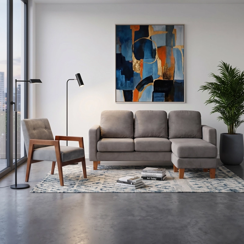 JUEGO DE LIVING 3-1 SECCIONAL INTERCAMBIABLE VENECIA TELA VELVET GRIS + SITIAL MUNICH TELA GRIS - 1