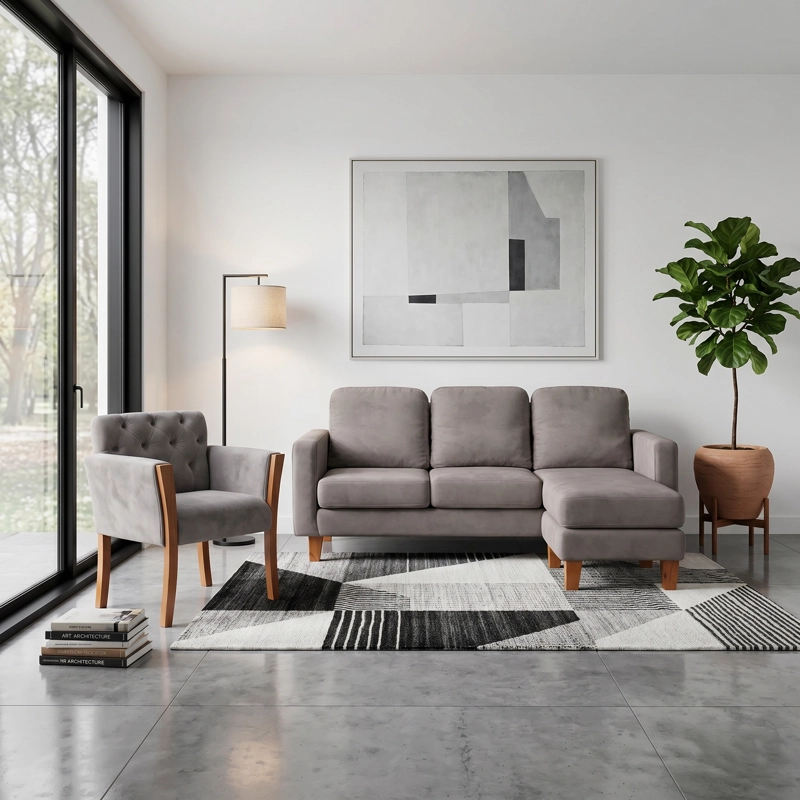 JUEGO DE LIVING 3-1 SECCIONAL INTERCAMBIABLE VENECIA TELA VELVET GRIS + SITIAL KIEL TELA GRIS - 1
