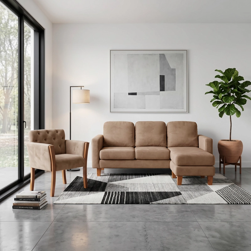 JUEGO DE LIVING 3-1 SECCIONAL INTERCAMBIABLE VENECIA TELA VELVET BEIGE + SITIAL KIEL TELA BEIGE - 1