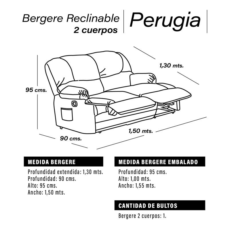 BERGERE PERUGIA RECLINABLE 2 CUERPOS TELA VELVET - 6