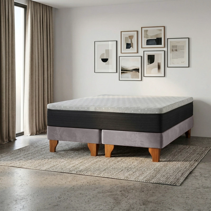 CAMA EUROPEA NEW TOP COLCHON RESORTES 23 CM 2 PLAZAS BASE DIVIDIDA TELA VELVET - 1