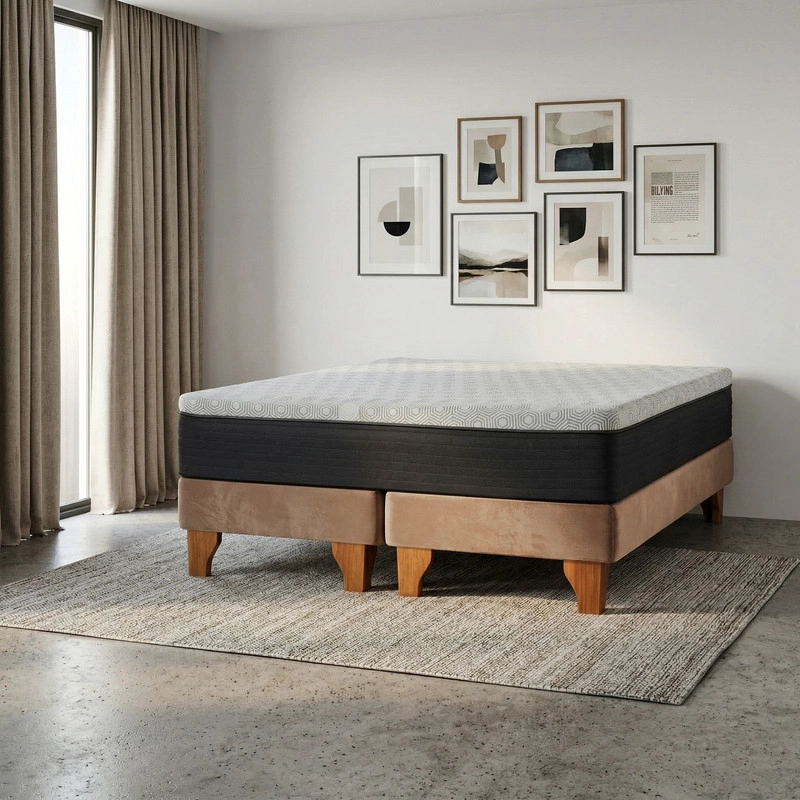 CAMA EUROPEA NEW TOP COLCHON RESORTES 23 CM 2 PLAZAS BASE DIVIDIDA TELA VELVET - 1