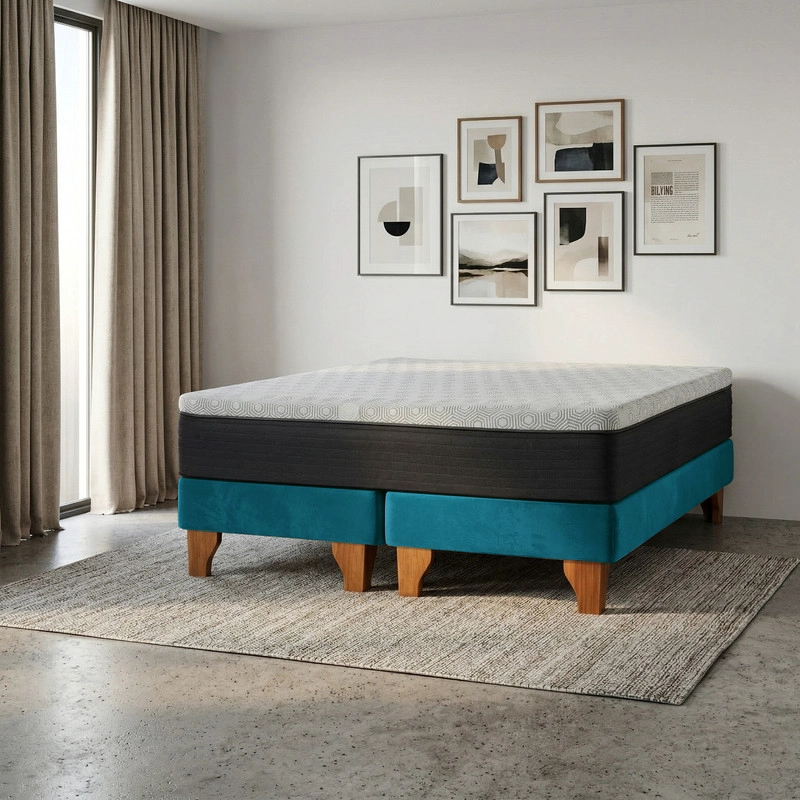 CAMA EUROPEA NEW TOP COLCHON RESORTES 23 CM 2 PLAZAS BASE DIVIDIDA TELA VELVET - 1
