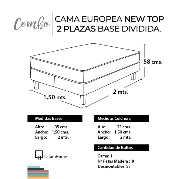 CAMA EUROPEA NEW TOP COLCHON RESORTES 23 CM 2 PLAZAS BASE DIVIDIDA TELA VELVET - 8