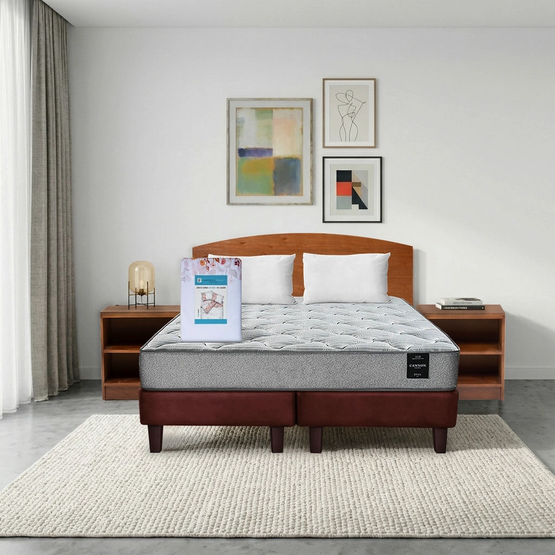 COMBO CAMA CANNON 2 PLAZAS BASE DIVIDIDA TELA + TEXTIL + RESPALDO + 2 VELADORES ATLAS - 1