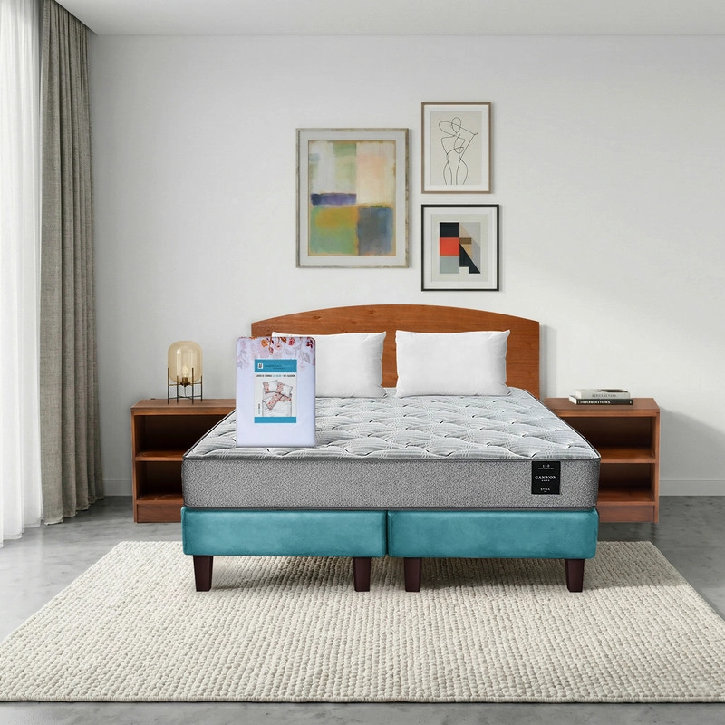 COMBO CAMA CANNON 2 PLAZAS BASE DIVIDIDA TELA + TEXTIL + RESPALDO + 2 VELADORES ATLAS - 1