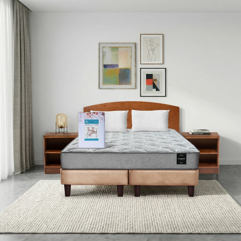 COMBO CAMA CANNON 2 PLAZAS BASE DIVIDIDA TELA + TEXTIL + RESPALDO + 2 VELADORES ATLAS - 1