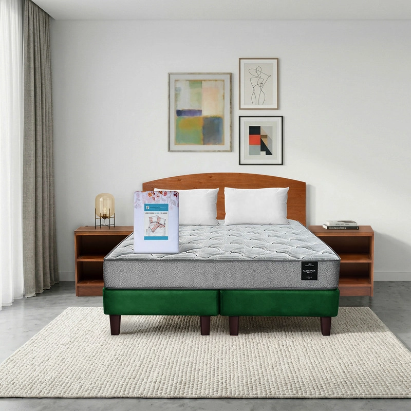 COMBO CAMA CANNON 2 PLAZAS BASE DIVIDIDA TELA + TEXTIL + RESPALDO + 2 VELADORES ATLAS - 1