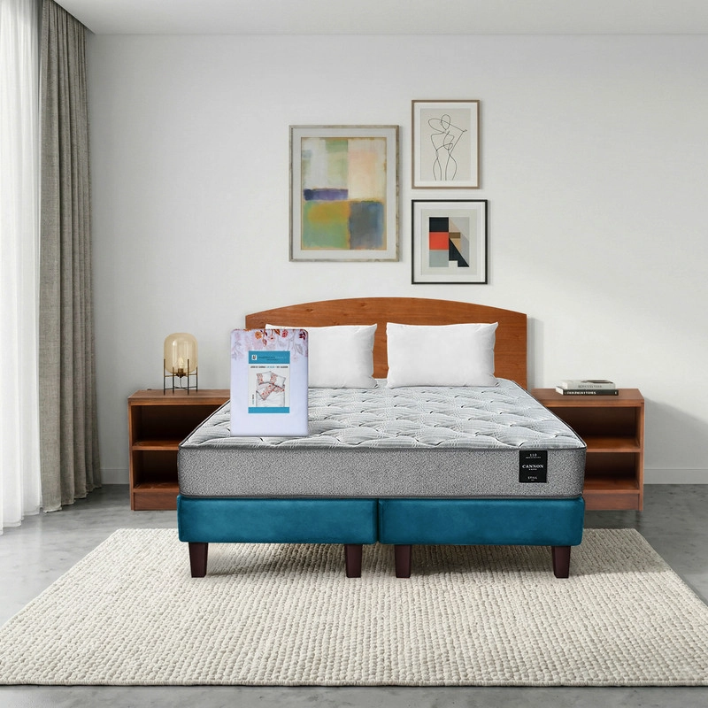 COMBO CAMA CANNON 2 PLAZAS BASE DIVIDIDA TELA + TEXTIL + RESPALDO + 2 VELADORES ATLAS - 1