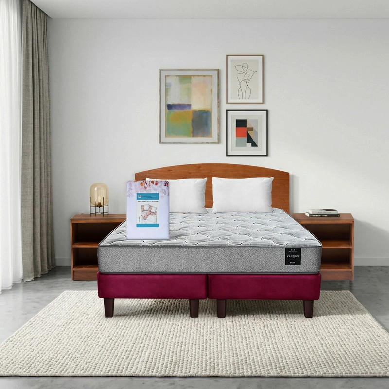 COMBO CAMA CANNON 2 PLAZAS BASE DIVIDIDA TELA + TEXTIL + RESPALDO + 2 VELADORES ATLAS - 1