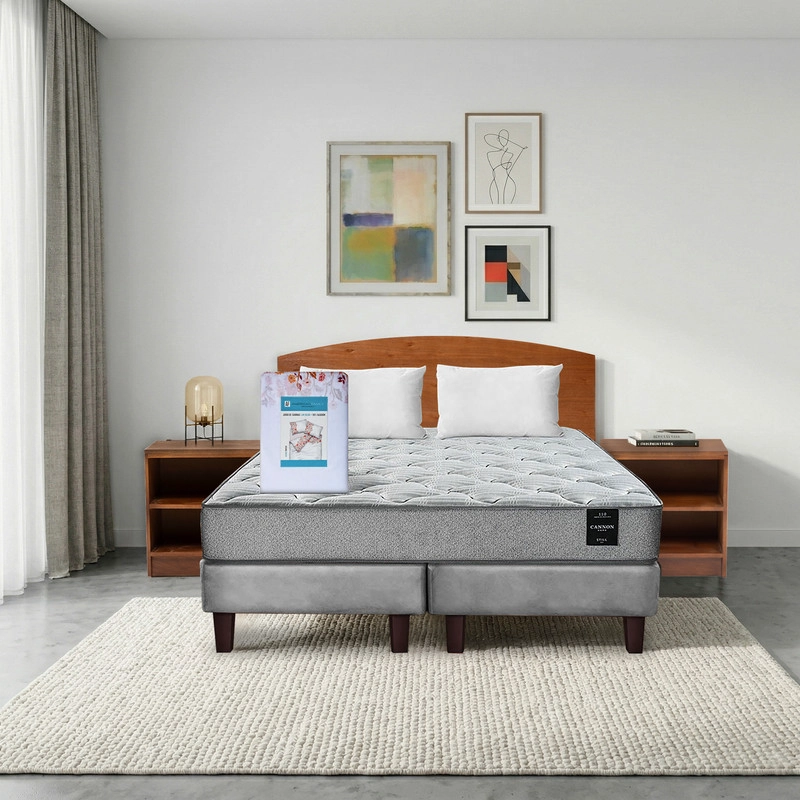 COMBO CAMA CANNON 2 PLAZAS BASE DIVIDIDA TELA + TEXTIL + RESPALDO + 2 VELADORES ATLAS - 1