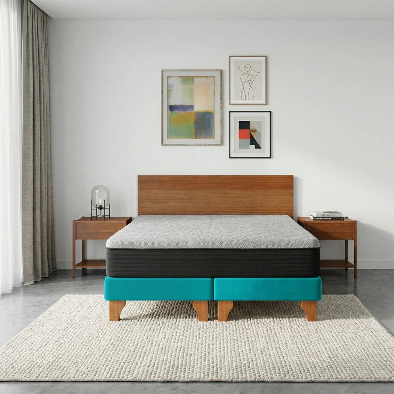 CAMA EUROPEA NEW TOP COLCHON RESORTES 23 CM 2 PLAZAS TELA VELVET + MADERAS ORION - 1