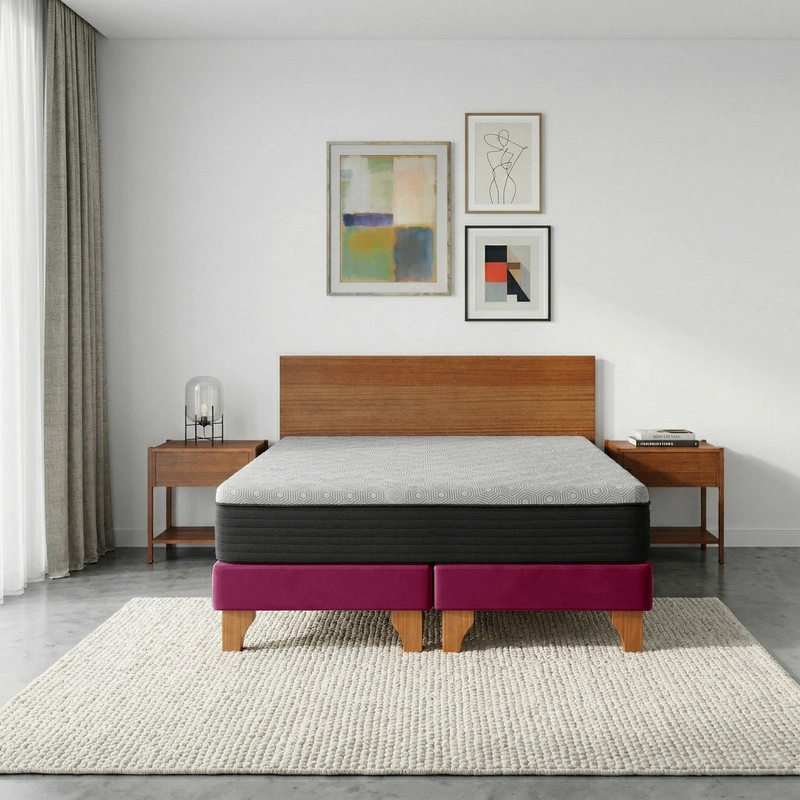 CAMA EUROPEA NEW TOP COLCHON RESORTES 23 CM 2 PLAZAS TELA VELVET + MADERAS ORION - 1