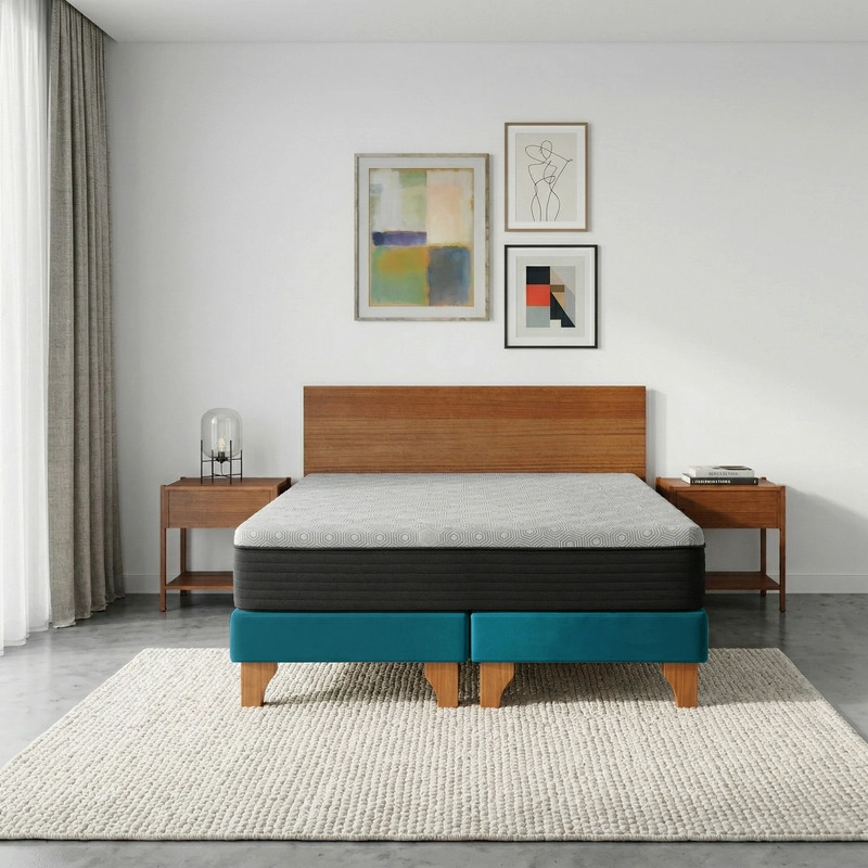 CAMA EUROPEA NEW TOP COLCHON RESORTES 23 CM 2 PLAZAS TELA VELVET + MADERAS ORION - 1