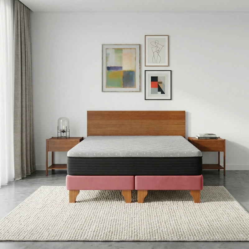 CAMA EUROPEA NEW TOP COLCHON RESORTES 23 CM 2 PLAZAS TELA VELVET + MADERAS ORION - 1