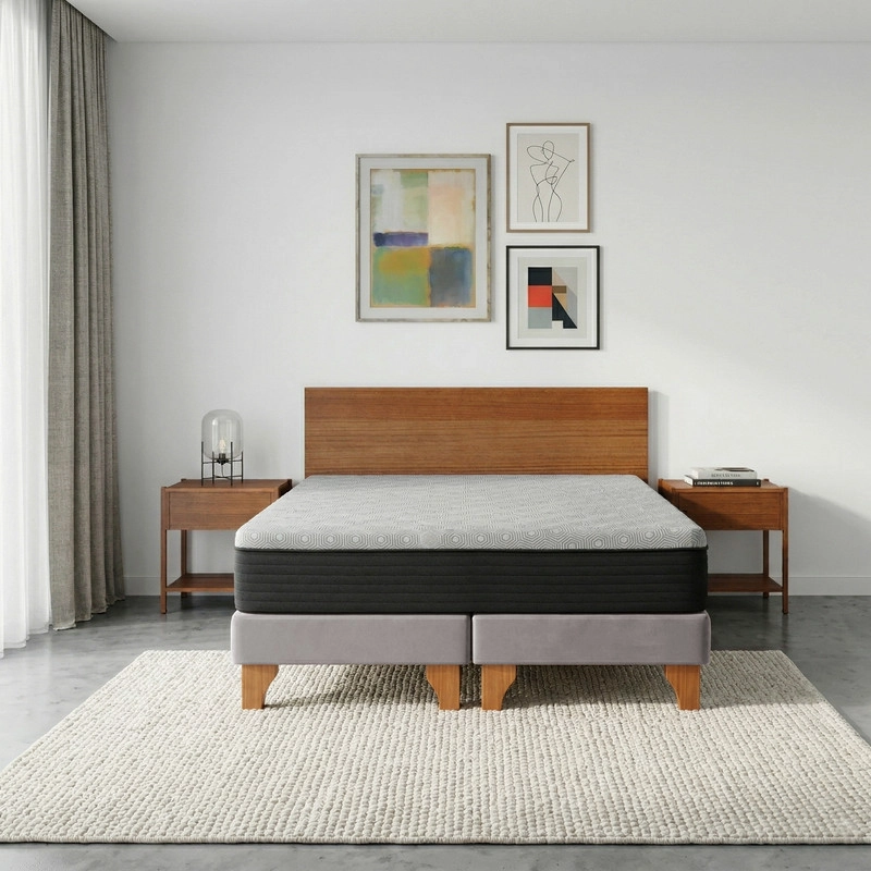 CAMA EUROPEA NEW TOP COLCHON RESORTES 23 CM 2 PLAZAS TELA VELVET + MADERAS ORION - 1