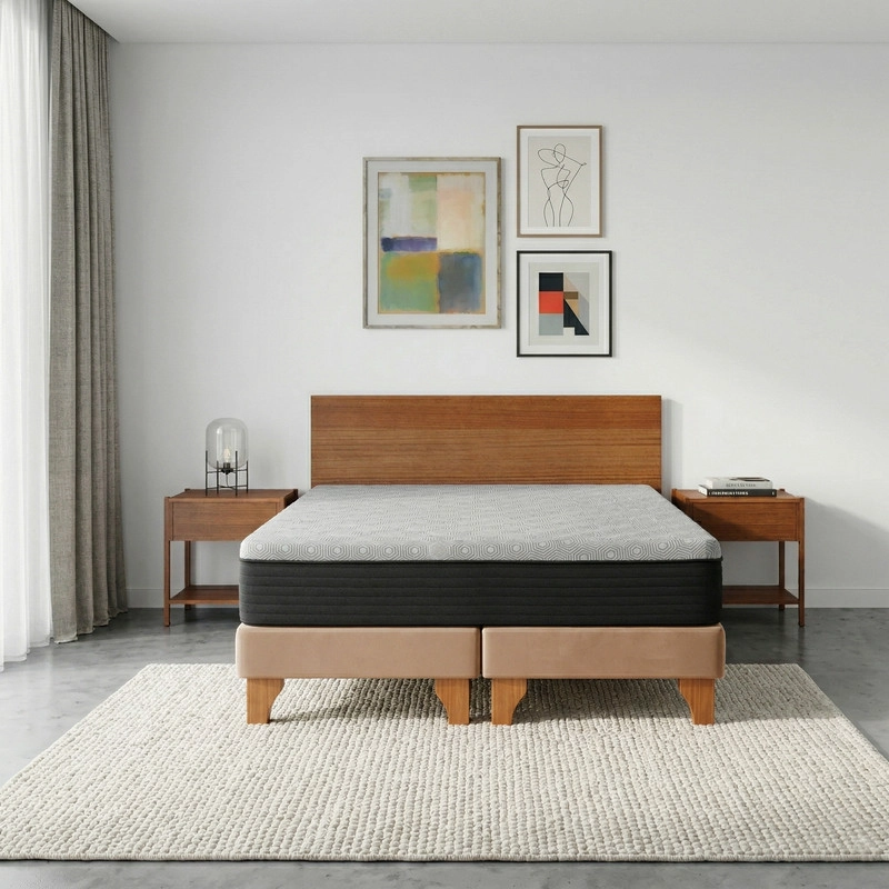 CAMA EUROPEA NEW TOP COLCHON RESORTES 23 CM 2 PLAZAS TELA VELVET + MADERAS ORION - 1