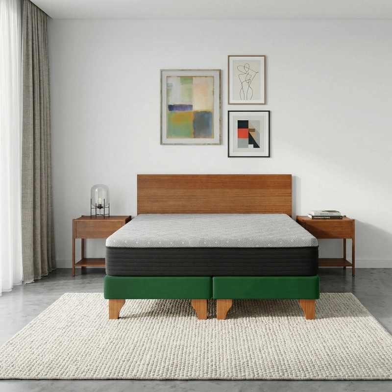 CAMA EUROPEA NEW TOP COLCHON RESORTES 23 CM 2 PLAZAS TELA VELVET + MADERAS ORION - 1