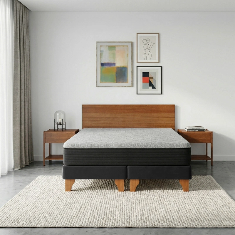 CAMA EUROPEA NEW TOP COLCHON RESORTES 23 CM 2 PLAZAS TELA VELVET + MADERAS ORION - 1