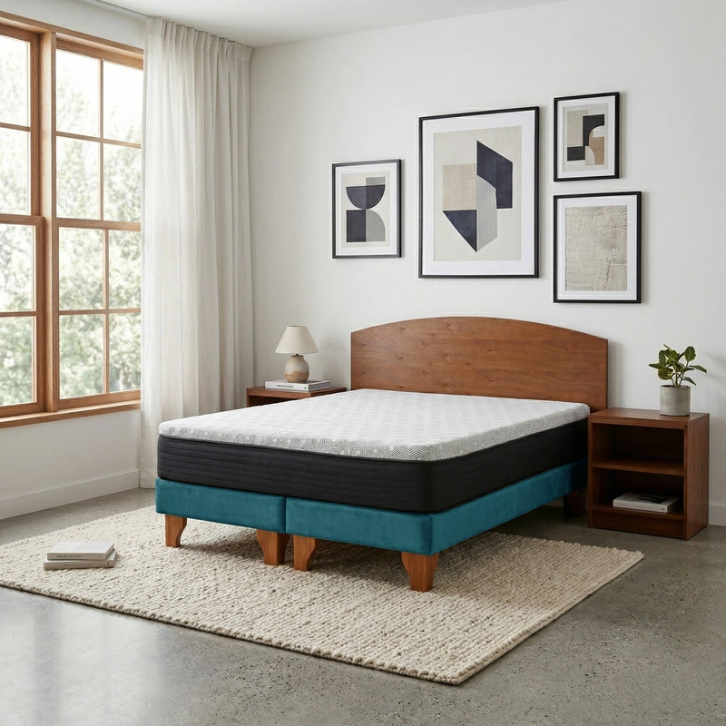 CAMA EUROPEA NEW TOP COLCHON RESORTES 23 CM 2 PLAZAS TELA VELVET + MADERAS ATLAS - 1