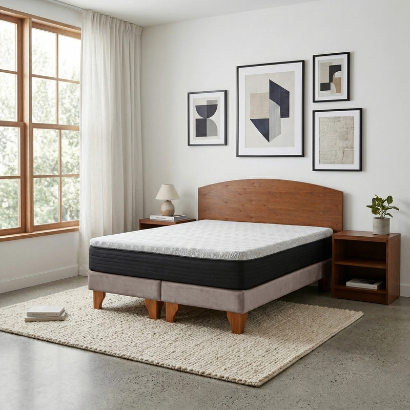 CAMA EUROPEA NEW TOP COLCHON RESORTES 23 CM 2 PLAZAS TELA VELVET + MADERAS ATLAS - 1