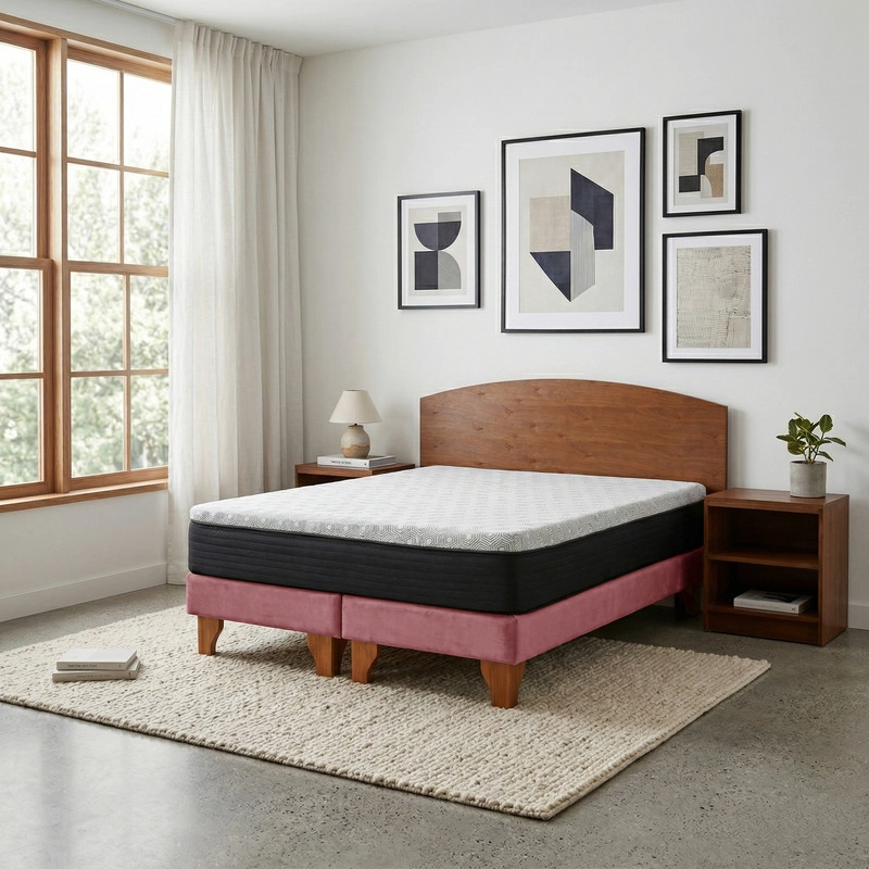 CAMA EUROPEA NEW TOP COLCHON RESORTES 23 CM 2 PLAZAS TELA VELVET + MADERAS ATLAS - 1