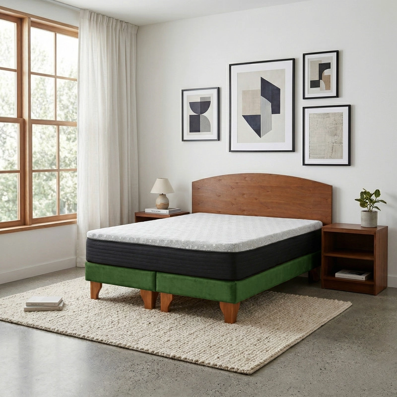 CAMA EUROPEA NEW TOP COLCHON RESORTES 23 CM 2 PLAZAS TELA VELVET + MADERAS ATLAS - 1
