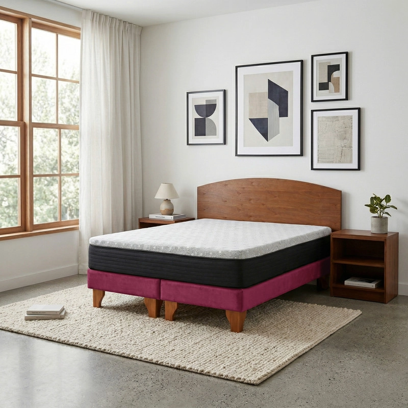 CAMA EUROPEA NEW TOP COLCHON RESORTES 23 CM 2 PLAZAS TELA VELVET + MADERAS ATLAS - 1