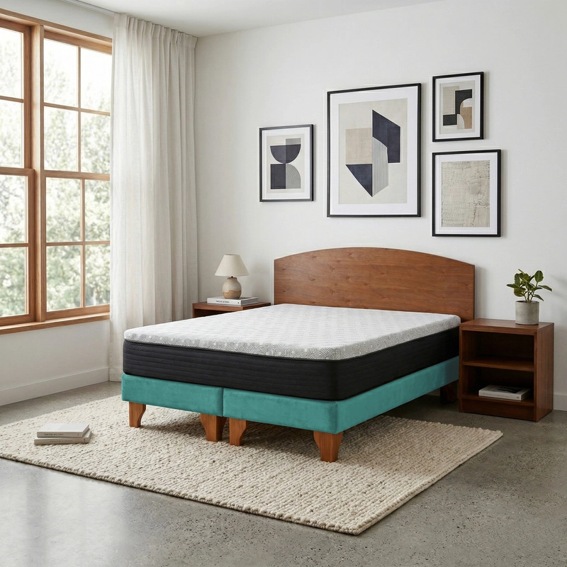 CAMA EUROPEA NEW TOP COLCHON RESORTES 23 CM 2 PLAZAS TELA VELVET + MADERAS ATLAS - 1