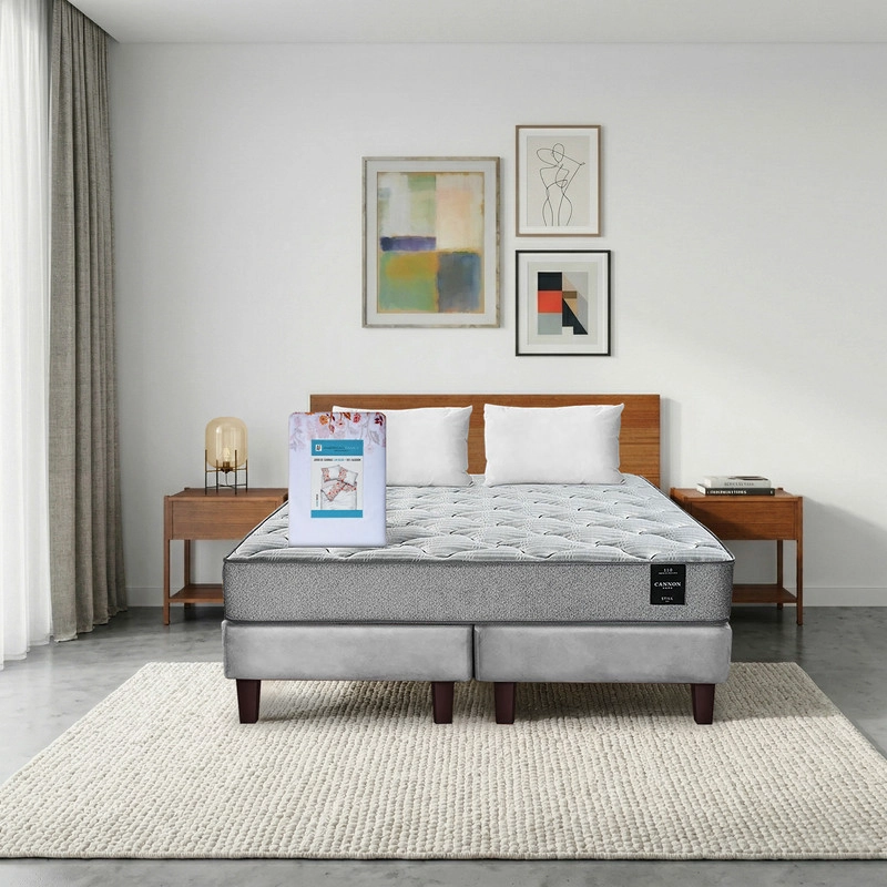 COMBO CAMA CANNON 2 PLAZAS BASE DIVIDIDA TELA + TEXTIL + RESPALDO + 2 VELADORES ORION - 1