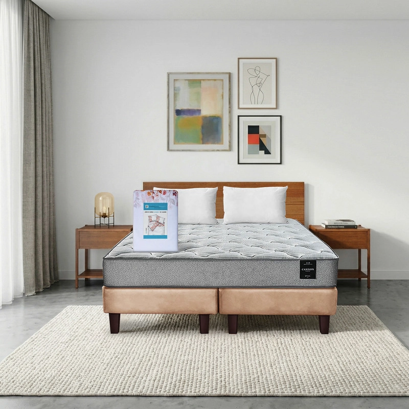COMBO CAMA CANNON 2 PLAZAS BASE DIVIDIDA TELA + TEXTIL + RESPALDO + 2 VELADORES ORION - 1