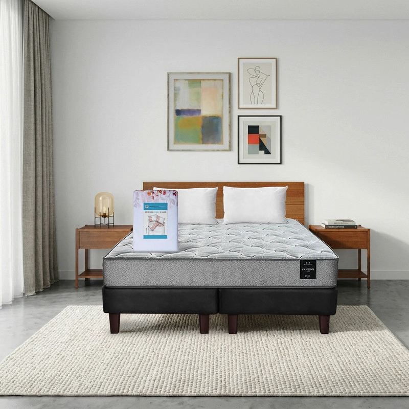 COMBO CAMA CANNON 2 PLAZAS BASE DIVIDIDA TELA + TEXTIL + RESPALDO + 2 VELADORES ORION - 1